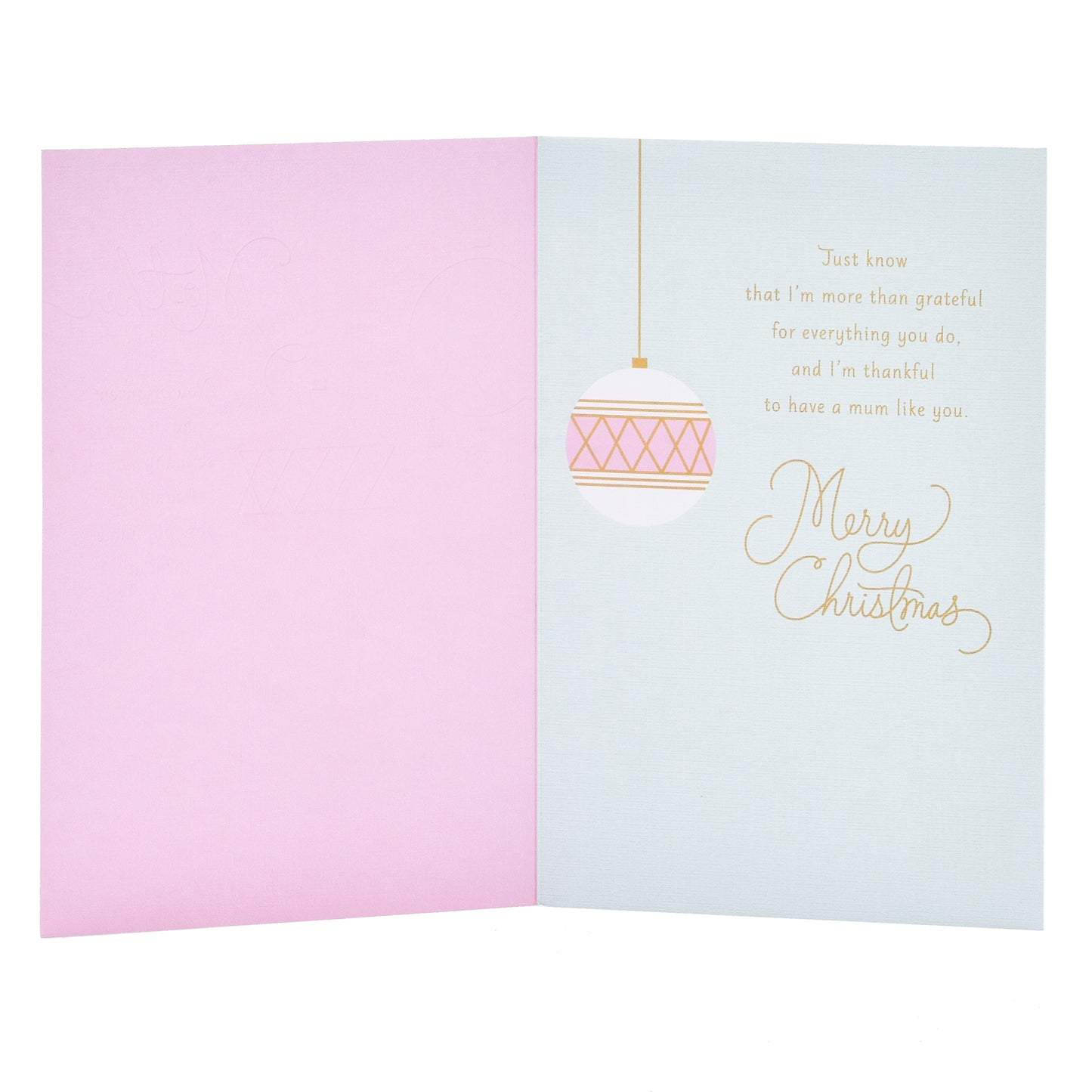 Hallmark Christmas card for mother - baubles with pink and blue interior featuring a gold foil message and bauble illustration