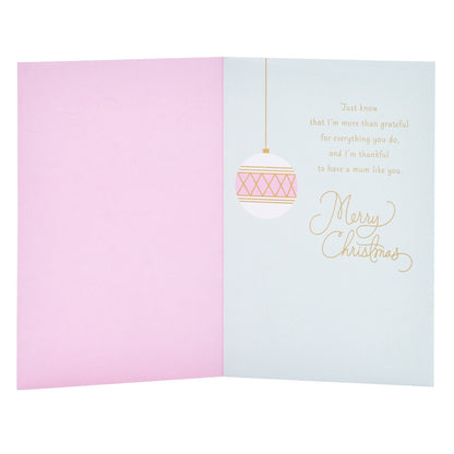 Hallmark Christmas card for mother - baubles with pink and blue interior featuring a gold foil message and bauble illustration