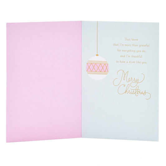 Hallmark Christmas card for mother - baubles with pink and blue interior featuring a gold foil message and bauble illustration
