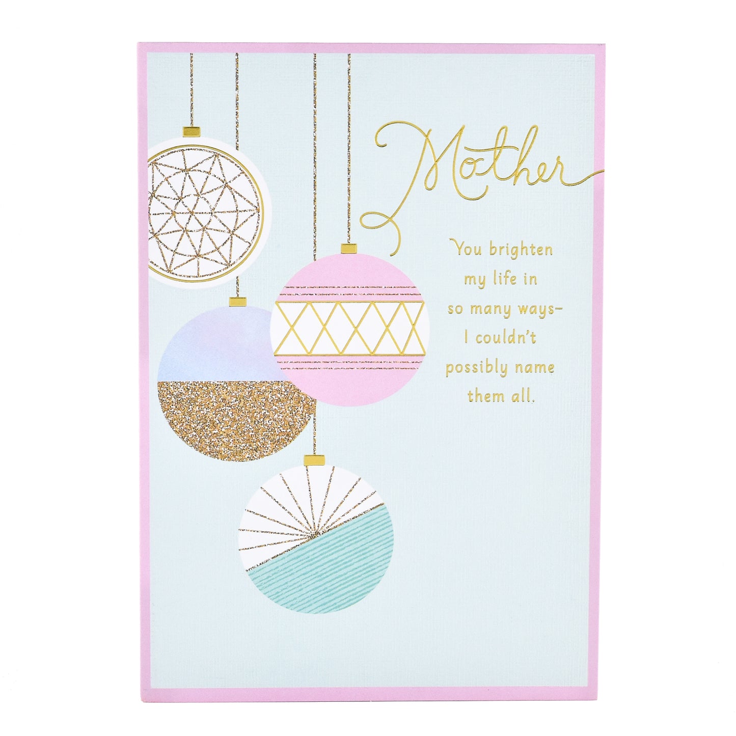 Hallmark Christmas Card For Mother - Baubles with gold foil highlights and elegant bauble illustrations, front view.