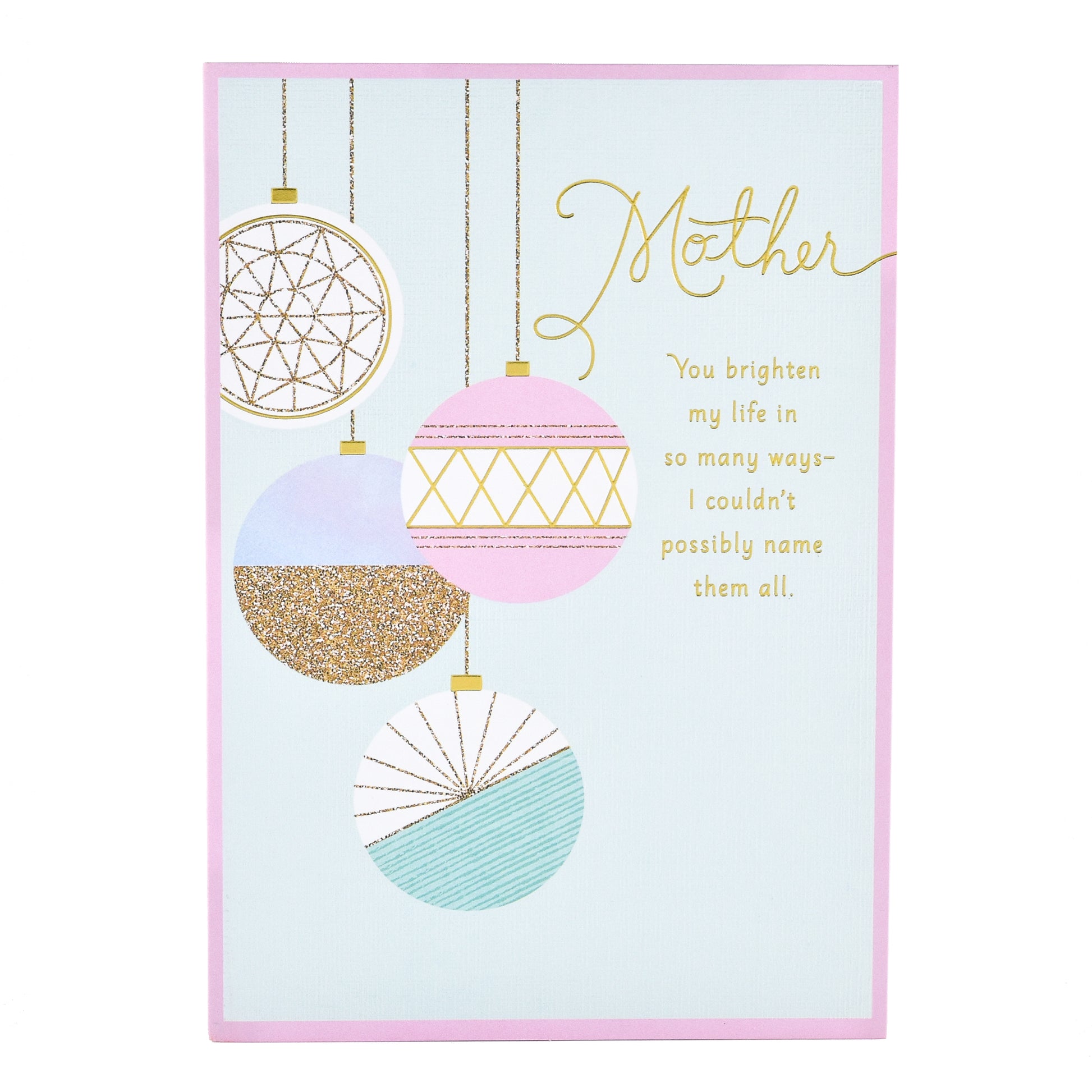Hallmark Christmas Card For Mother - Baubles with gold foil highlights and elegant bauble illustrations, front view.