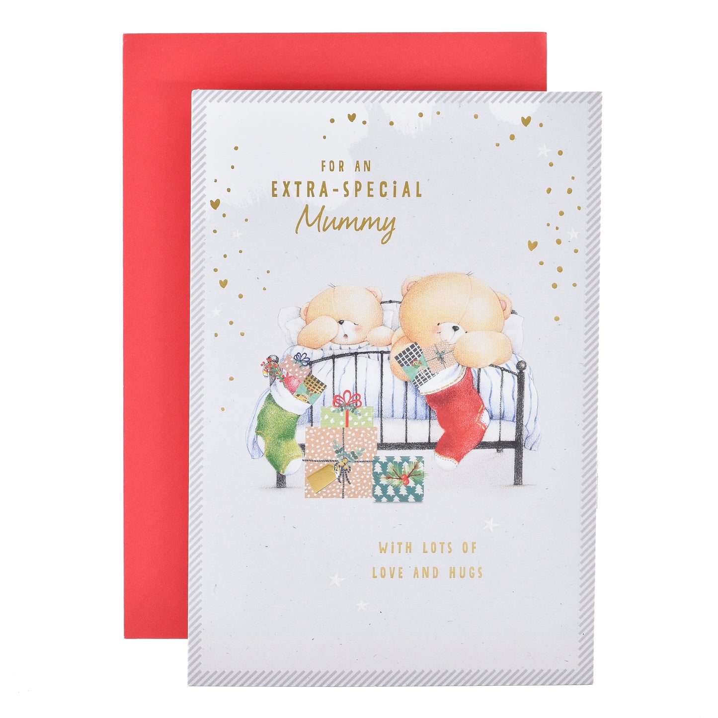 Hallmark Christmas card for Mummy - Lots Of Love featuring Forever Friends bears with gifts on a bed, red envelope included.