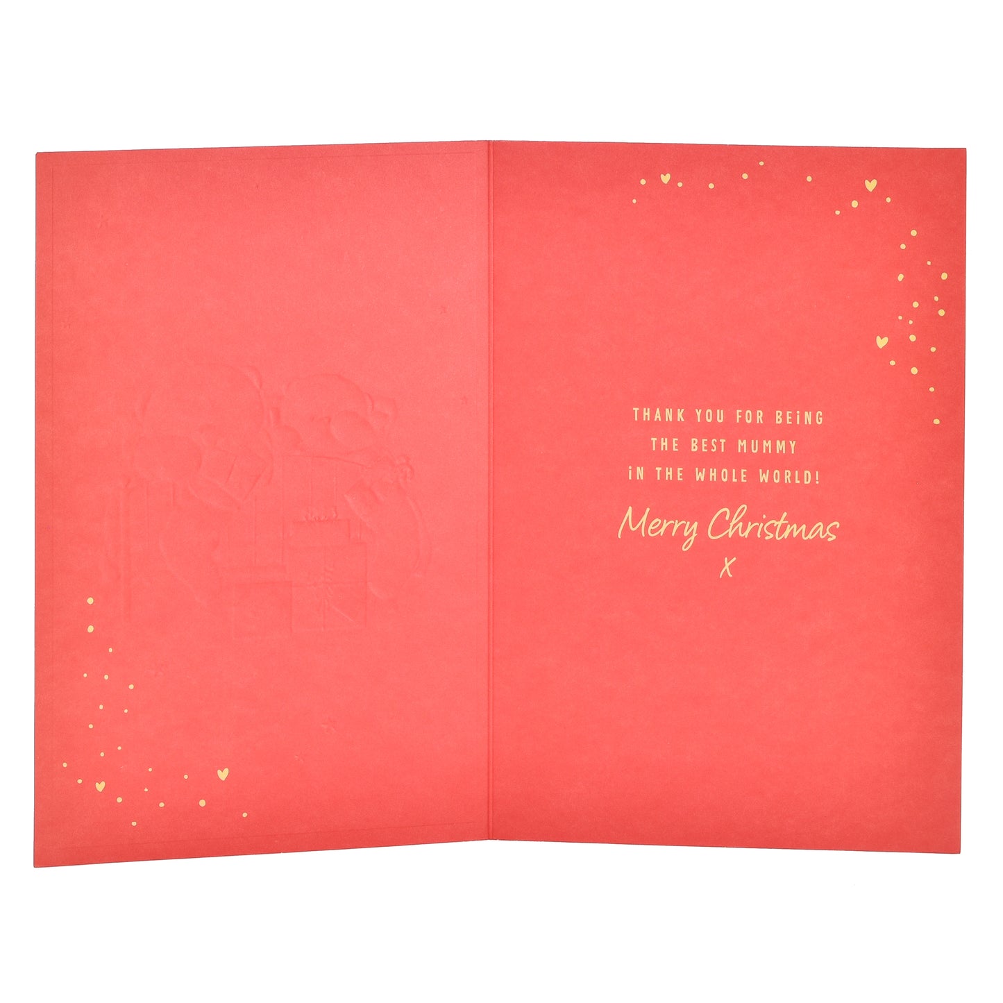 Hallmark Christmas Card For Mummy - Lots Of Love, open view, interior features gold lettering and hearts, red paper design.