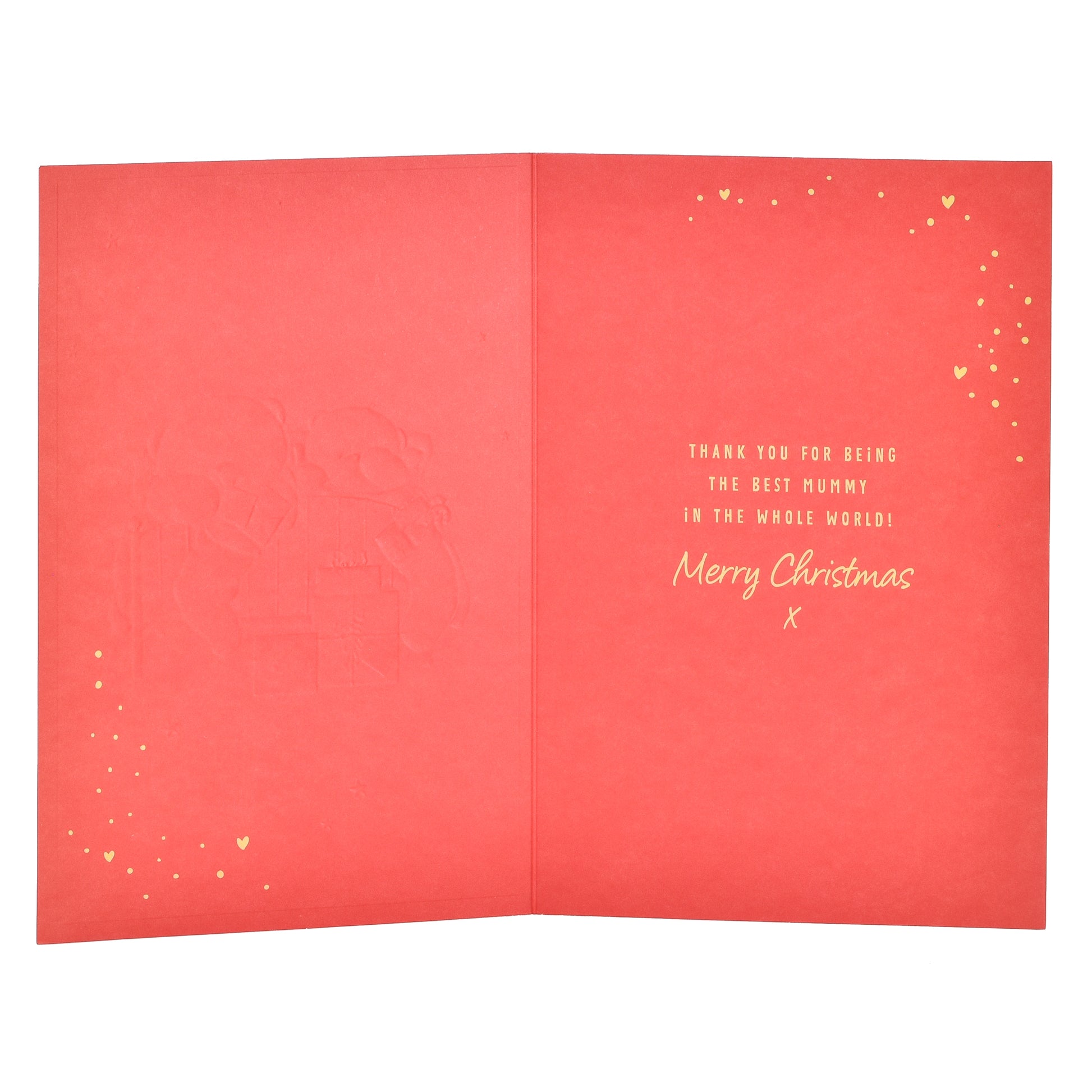 Hallmark Christmas Card For Mummy - Lots Of Love, open view, interior features gold lettering and hearts, red paper design.