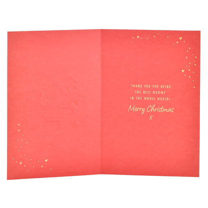 Hallmark Christmas Card For Mummy - Lots Of Love, open view, interior features gold lettering and hearts, red paper design.