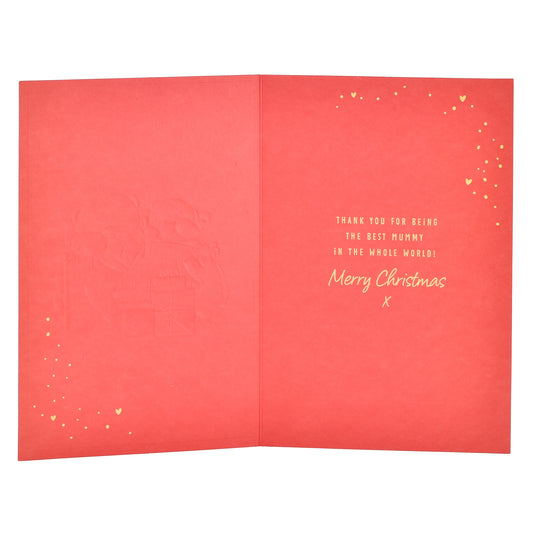 Hallmark Christmas Card For Mummy - Lots Of Love, open view, interior features gold lettering and hearts, red paper design.