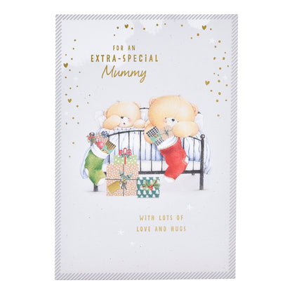 Hallmark Christmas card for Mummy - Lots Of Love featuring Forever Friends bears in bed with gifts, gold foil highlights.