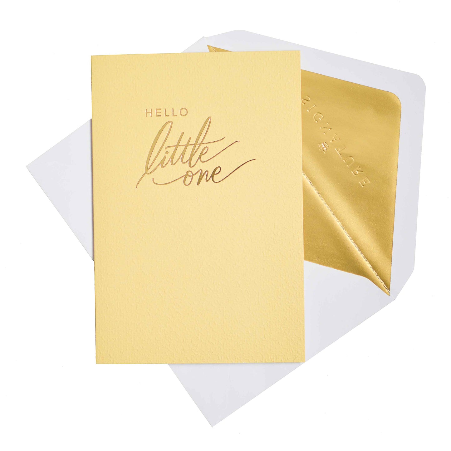 Signature Studio New Baby Card - Welcome Little One! in yellow with gold foil typography and matching envelope interior.