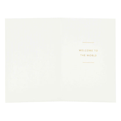 Signature Studio New Baby Card - Welcome Little One! open view showing embossed message 'WELCOME TO THE WORLD' in gold foil highlights