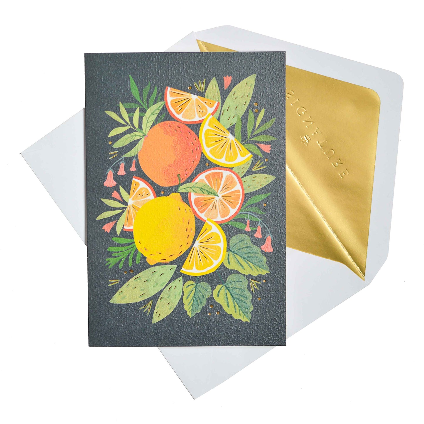 Signature Studio All Occasions Card - Fruits & Florals featuring vibrant citrus illustrations on textured grey cover with gold-lined envelope