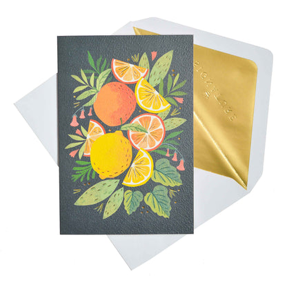 Signature Studio All Occasions Card - Fruits & Florals featuring vibrant citrus illustrations on textured grey cover with gold-lined envelope