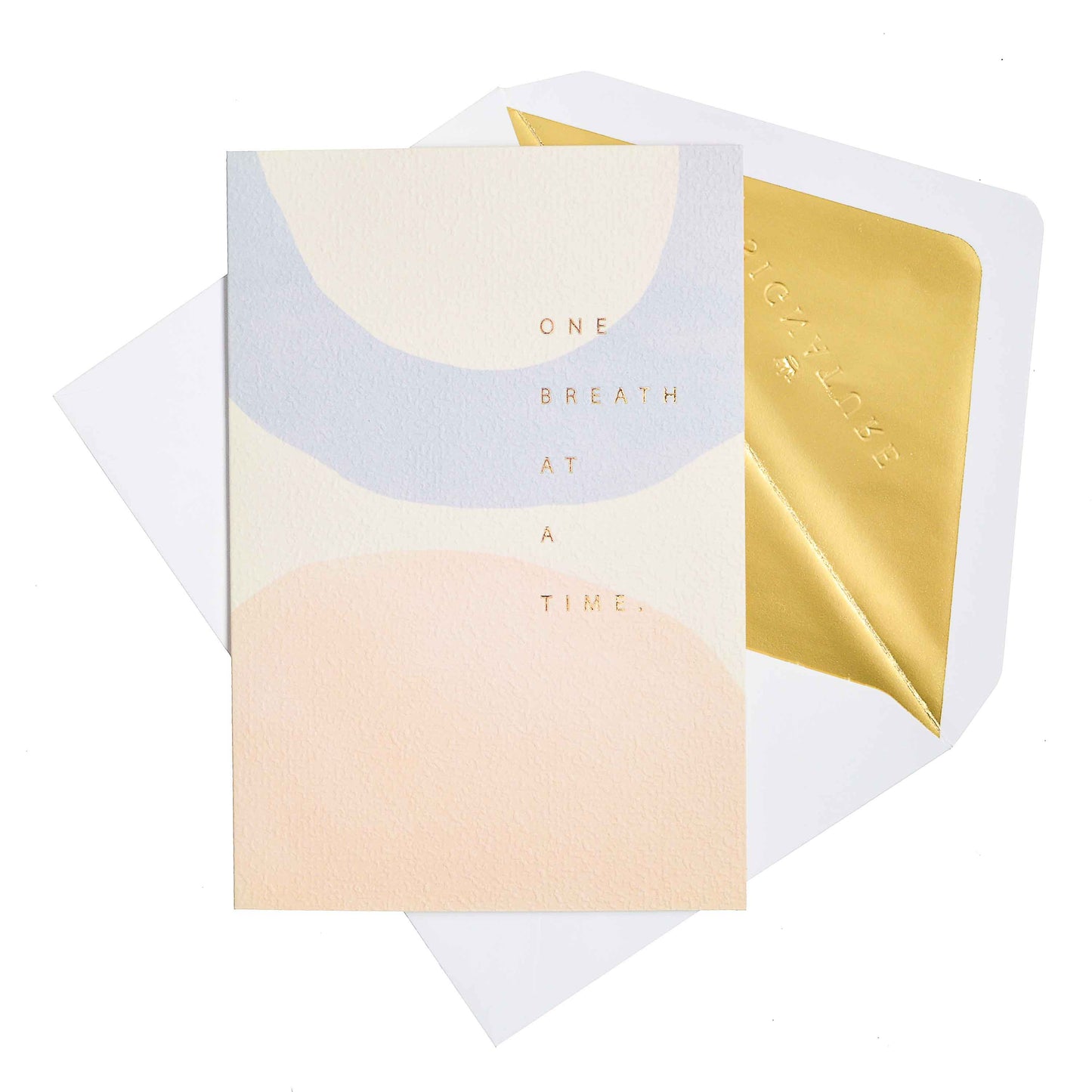 Signature Studio Encouragement Card - Peace & Comfort with contemporary pastel design and gold foil highlights, flat lay view