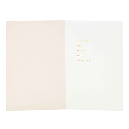 Signature Studio Encouragement Card - Peace & Comfort, open view, inside design featuring gold foil typography and embossed elements.