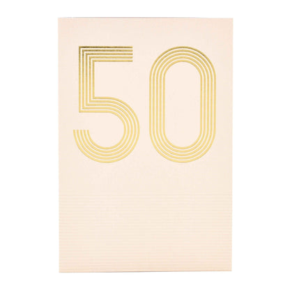 Signature Studio 50th Birthday Card - Big Birthday! featuring elegant gold foil '50' design with embossed lines on a cream background.