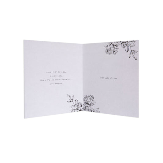 One To Celebrate Refined 50th Birthday Card inside view featuring black floral illustrations and heartfelt birthday message.