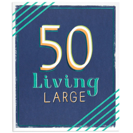 Living Large Stylish 50th Birthday Card with embossed teal foil details on navy background and vibrant graphic design
