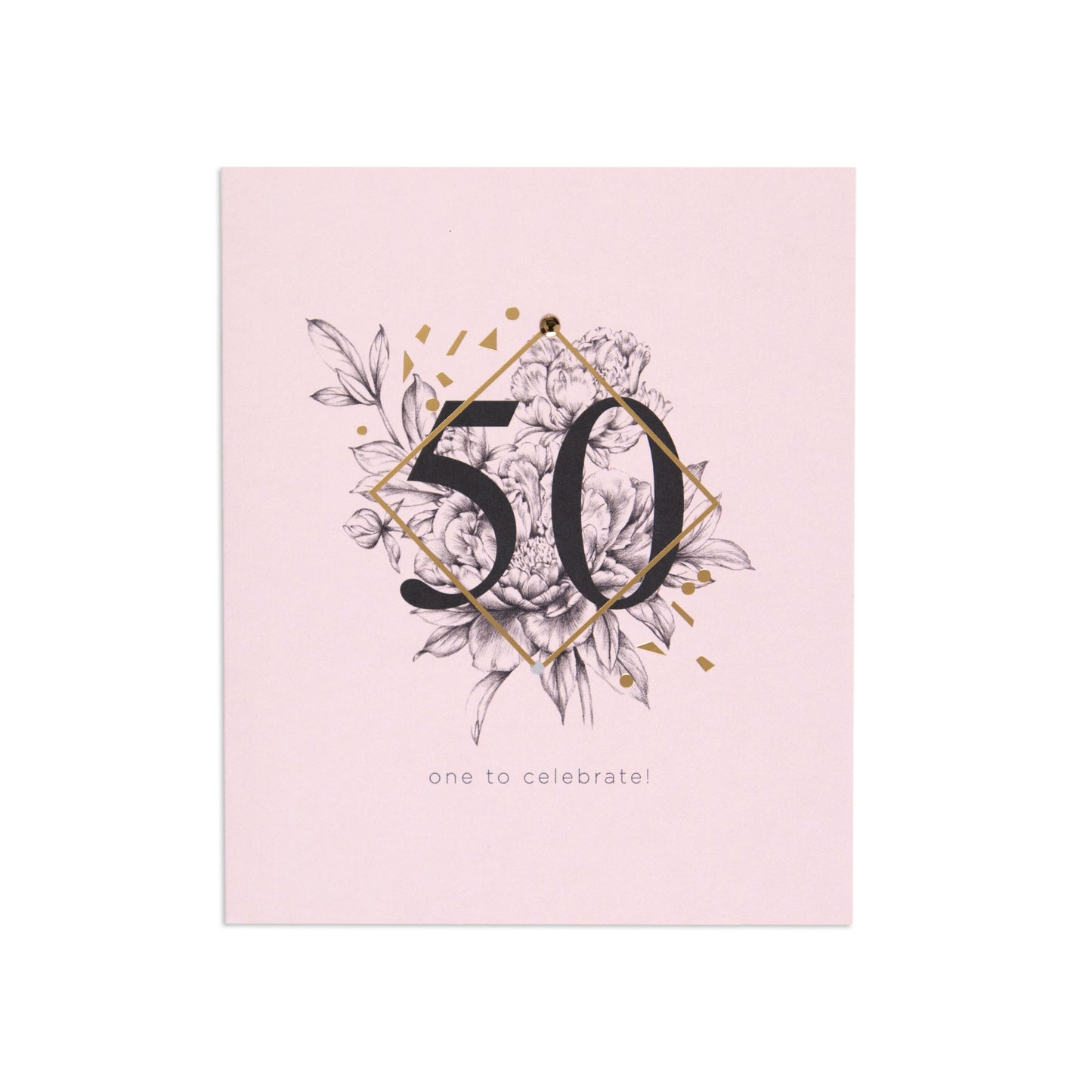 One To Celebrate Refined 50th Birthday Card with gold foil detailing and floral illustration in a pink background.
