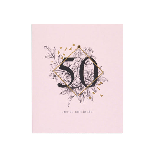 One To Celebrate Refined 50th Birthday Card with gold foil detailing and floral illustration in a pink background.