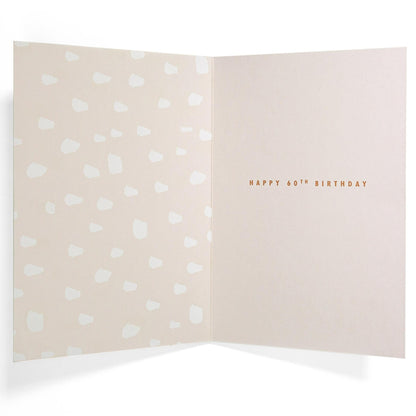 60 & More Fantastic Than Ever Stylish 60th Birthday Card interior showing a soft beige design with gold text, 16.6cm x 11.2cm dimensions.