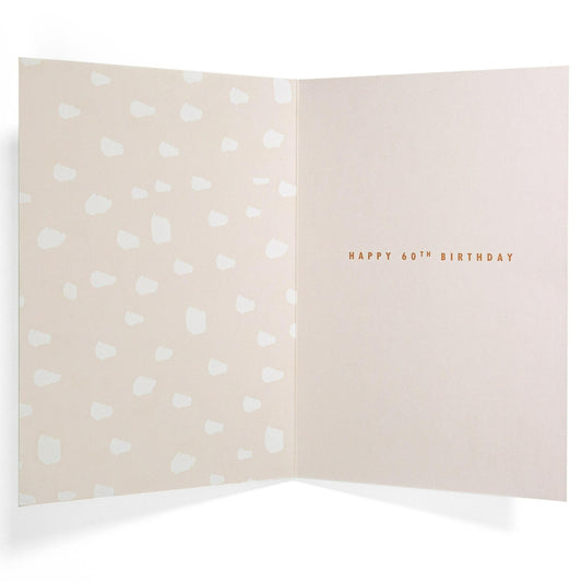 60 & More Fantastic Than Ever Stylish 60th Birthday Card interior showing a soft beige design with gold text, 16.6cm x 11.2cm dimensions.