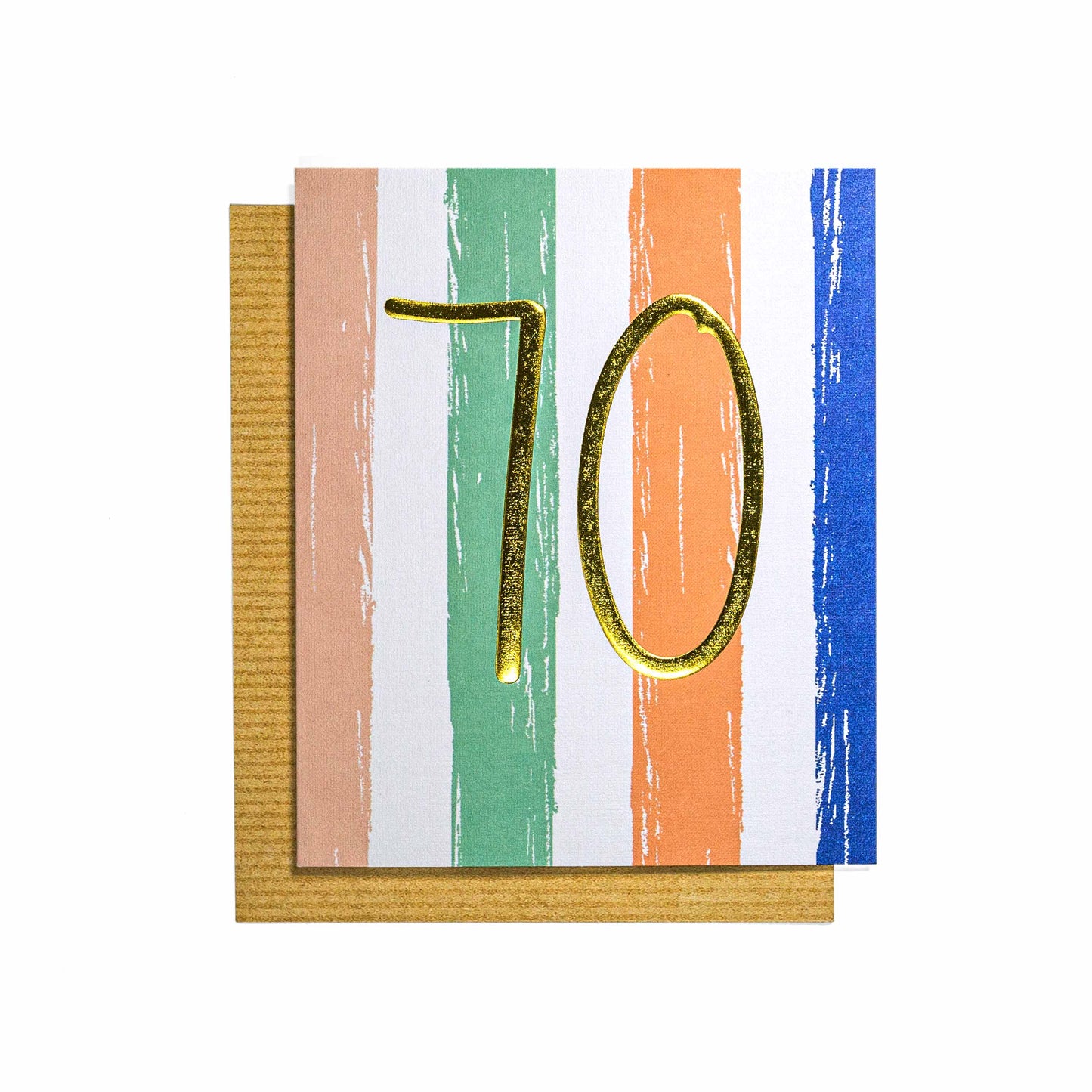 Colourful and contemporary 70th birthday card with embossed gold foil lettering and striped paint brush style design against kraft envelope.