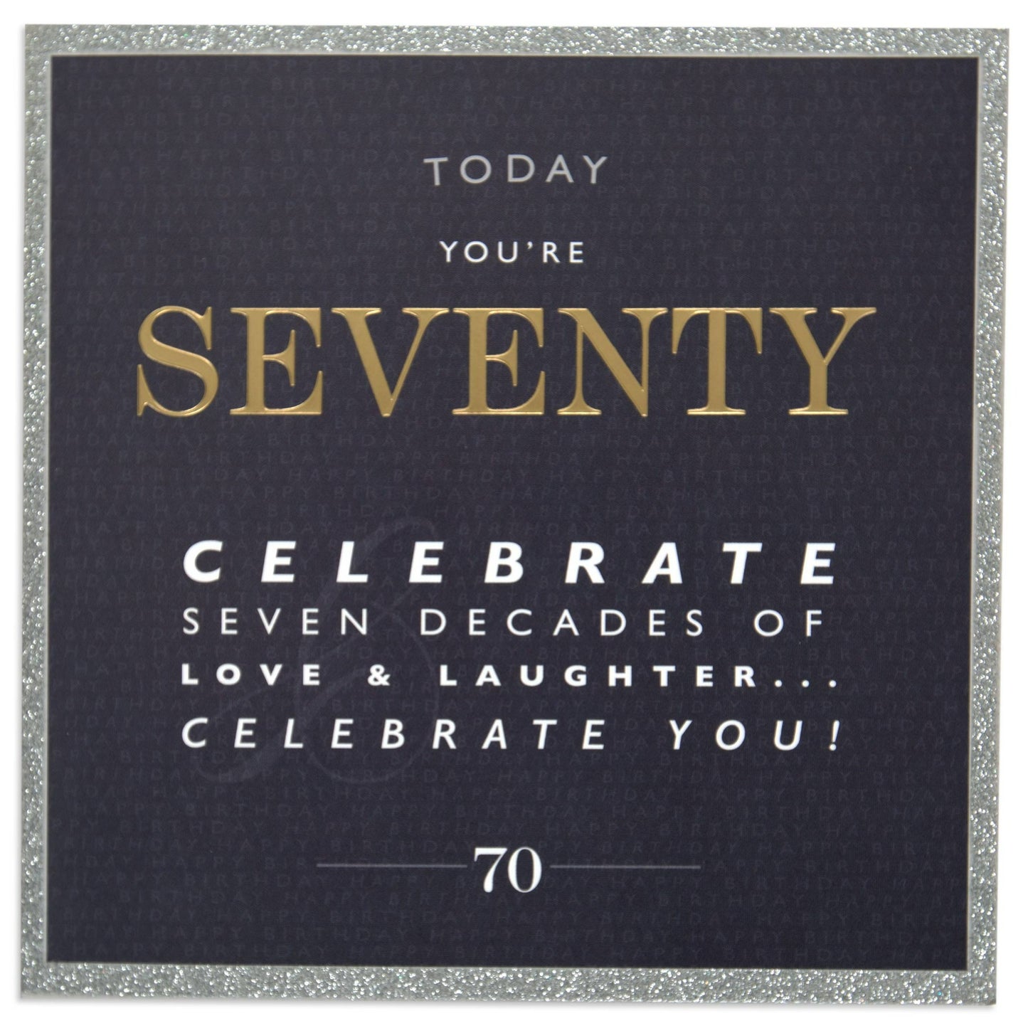 Elegant Silver Glitter 70th Birthday Card front view with glossy gold lettering and a silver glitter border.
