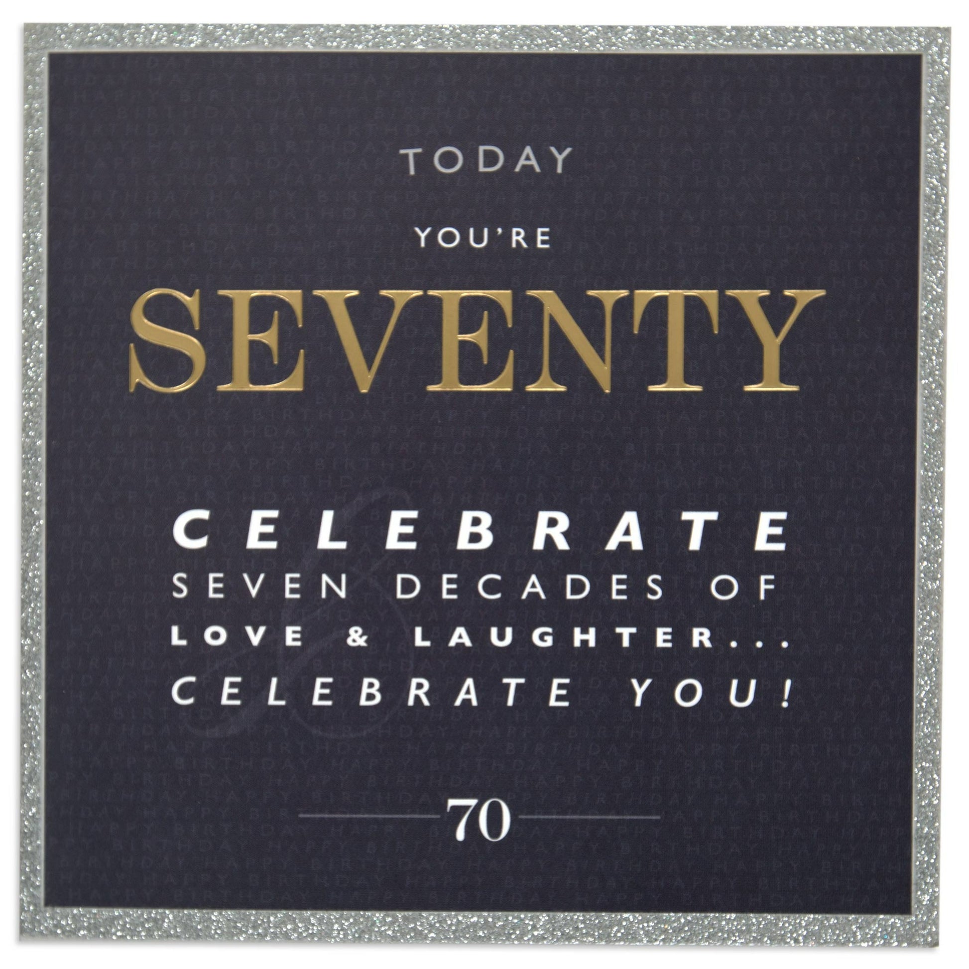 Elegant Silver Glitter 70th Birthday Card front view with glossy gold lettering and a silver glitter border.