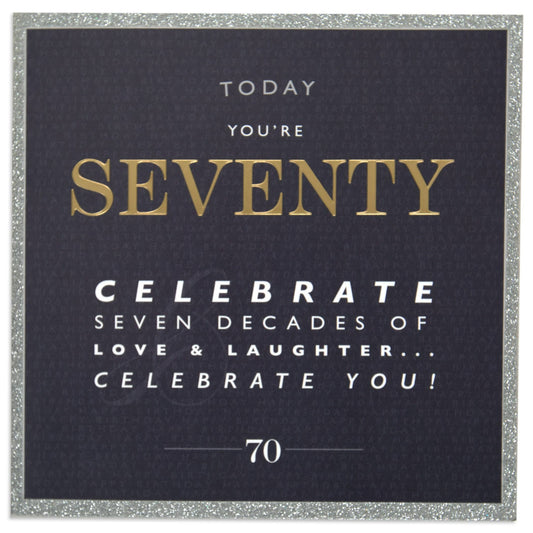 Elegant Silver Glitter 70th Birthday Card front view with glossy gold lettering and a silver glitter border.