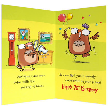 Matured To Perfection Funny 70th Birthday Card with colourful owl illustrations and festive elements inside.