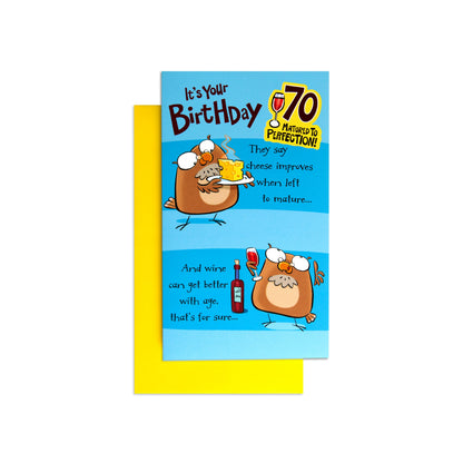 Matured To Perfection Funny 70th Birthday Card featuring a wise owl, vibrant blue design and playful birthday message.