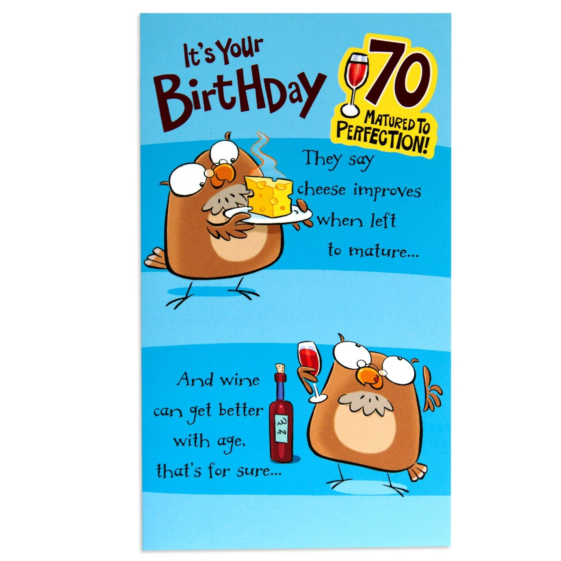 Matured To Perfection Funny 70th Birthday Card with witty owl illustrations, blue background, and humorous birthday messages.