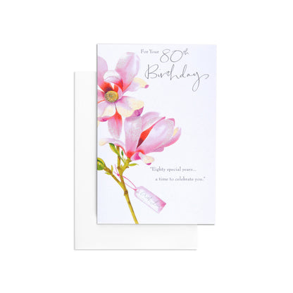 Lovely illustrated floral 80th birthday card featuring pink flowers and a tag saying 'With Love', front view.