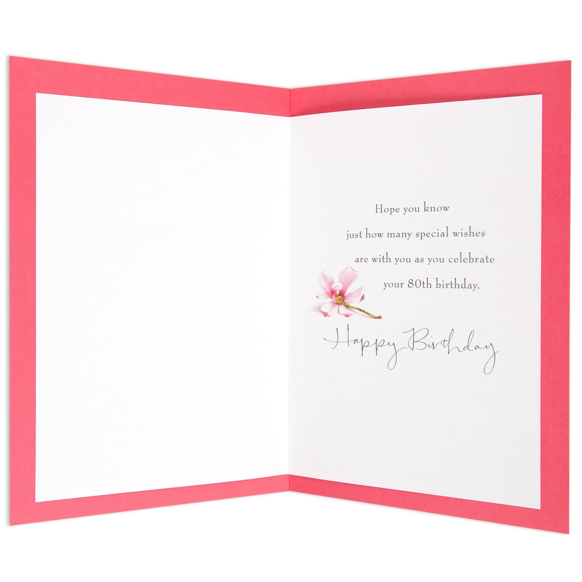 Lovely Illustrated Floral 80th Birthday Card, opened view, featuring a bright pink border and floral illustration inside with celebratory message.