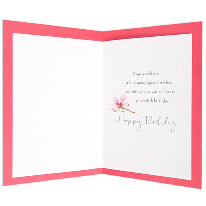 Lovely Illustrated Floral 80th Birthday Card, opened view, featuring a bright pink border and floral illustration inside with celebratory message.