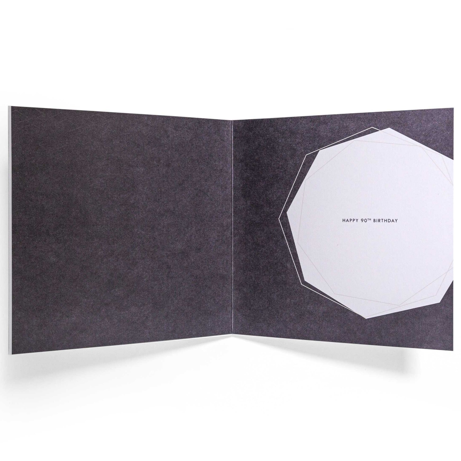 Contemporary Gold 90th Birthday Card inside view featuring geometric illustrations and message on a black background.