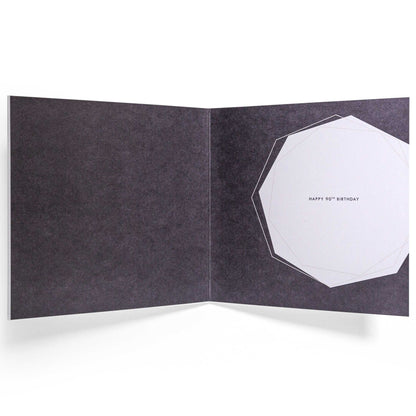 Contemporary Gold 90th Birthday Card inside view featuring geometric illustrations and message on a black background.