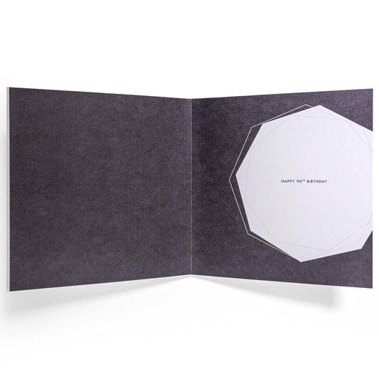 Contemporary Gold 90th Birthday Card inside view featuring geometric illustrations and message on a black background.
