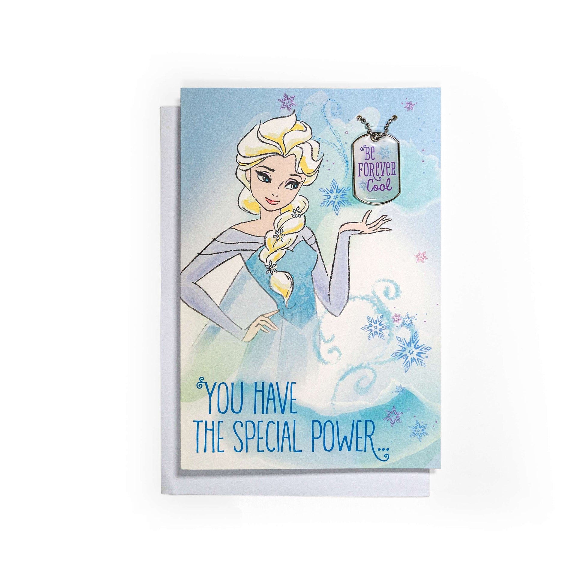 Stylish Disney Frozen Forever Cool Birthday Card with Detachable Necklace featuring Elsa, snowflakes, and heartfelt message.
