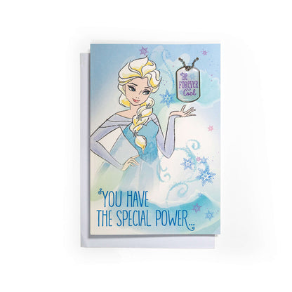Stylish Disney Frozen Forever Cool Birthday Card with Detachable Necklace featuring Elsa, snowflakes, and heartfelt message.