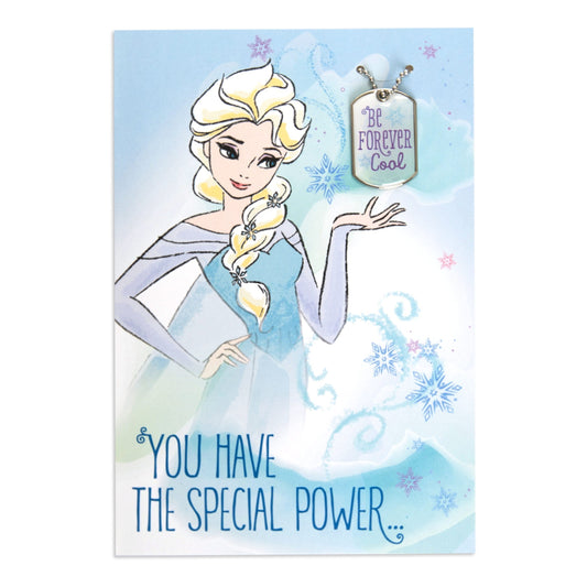 Stylish Disney Frozen Forever Cool Birthday Card with Detachable Necklace featuring Elsa and snowflakes, front view with greeting message.