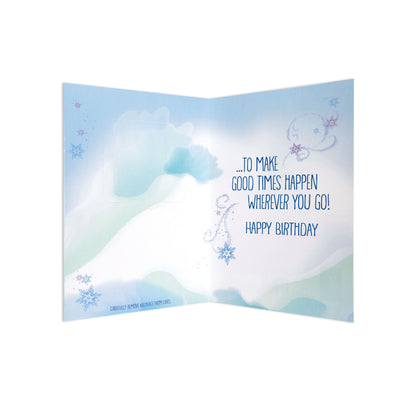 Stylish Disney Frozen Forever Cool Birthday Card with Detachable Necklace, open view showing birthday message and snowflake designs.