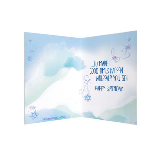 Stylish Disney Frozen Forever Cool Birthday Card with Detachable Necklace, open view showing birthday message and snowflake designs.