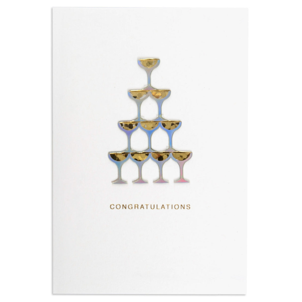 Beautiful Champagne Wedding Congratulations Card featuring a tower of holographic champagne glasses against a white background.