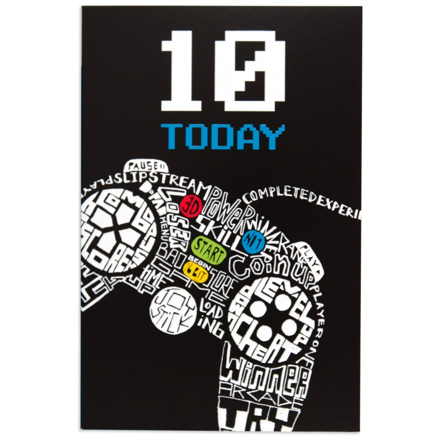 Video game controller fun 10th birthday card in embossed design with gaming references and bold '10 TODAY' text.