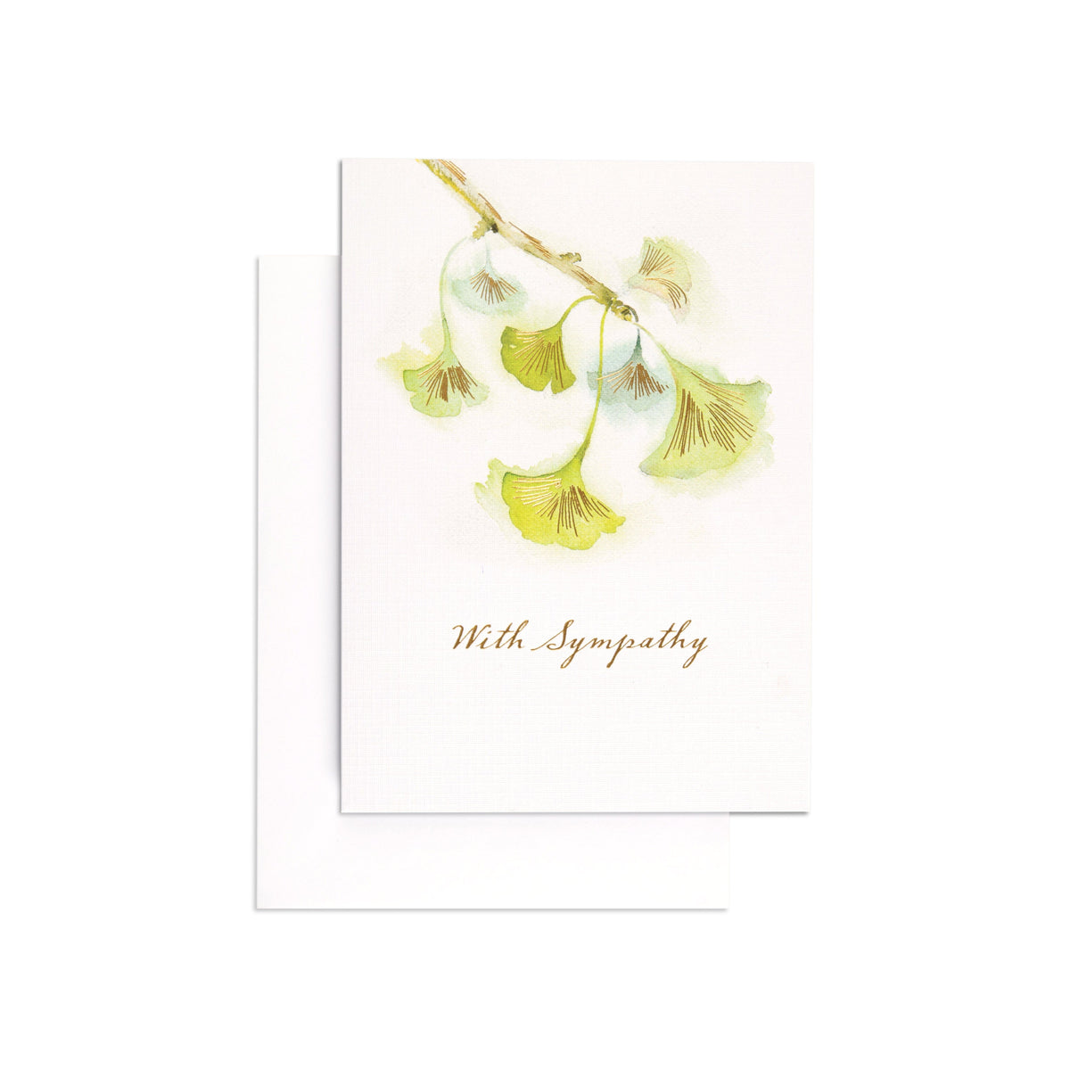 Kind & Compassionate Green Cherry Blossom Sympathy Card featuring an illustration of green blossoms and the message 'With Sympathy', flat lay view.