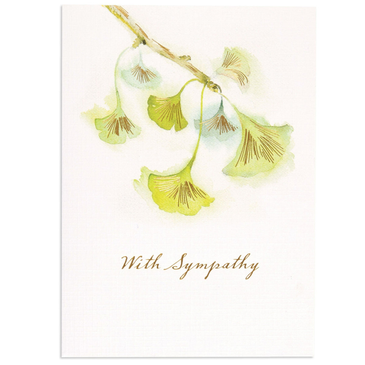 Kind & compassionate green cherry blossom sympathy card featuring delicate green illustrations and gold foil detailing.