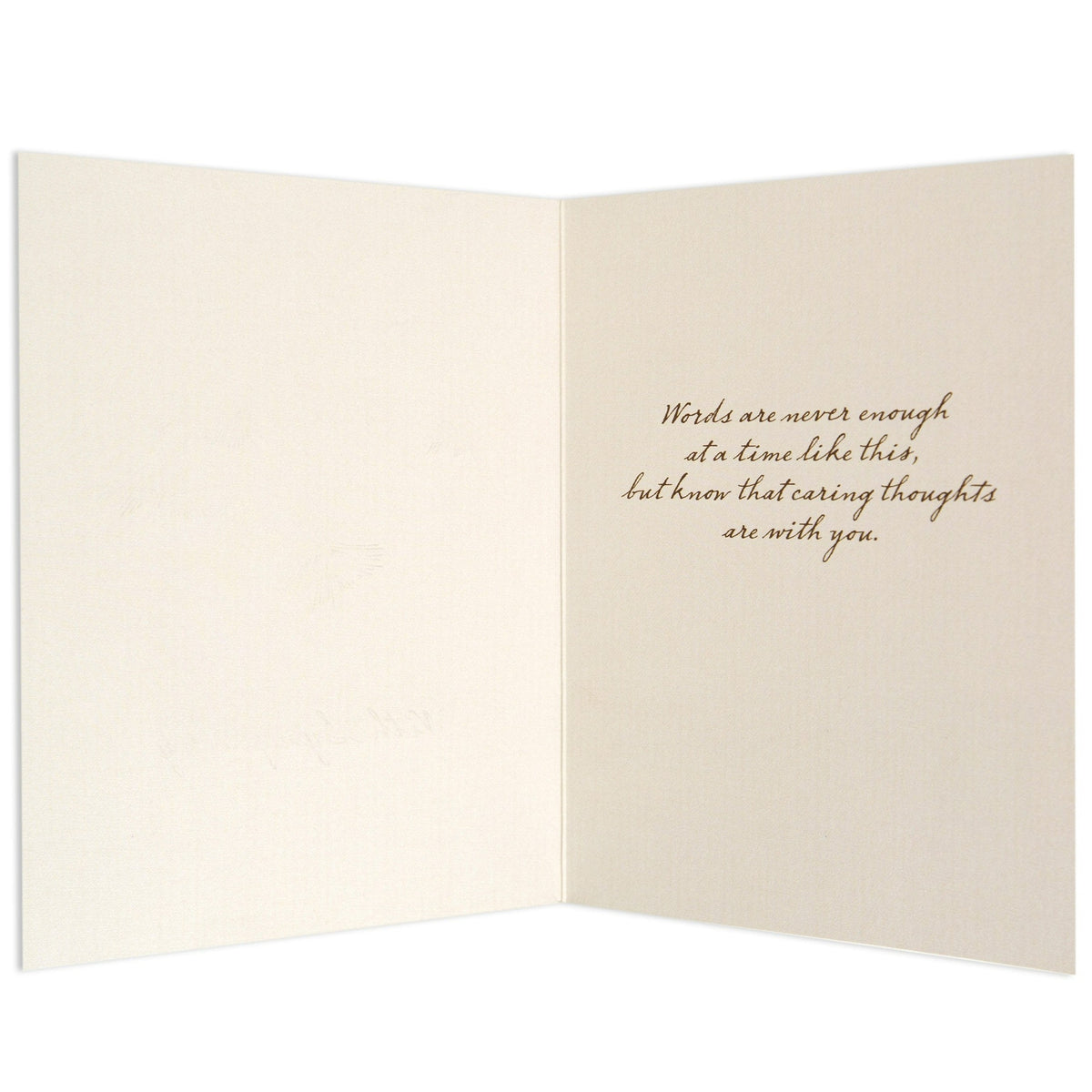 Kind & compassionate green cherry blossom sympathy card inside view with heartfelt message in elegant gold lettering.