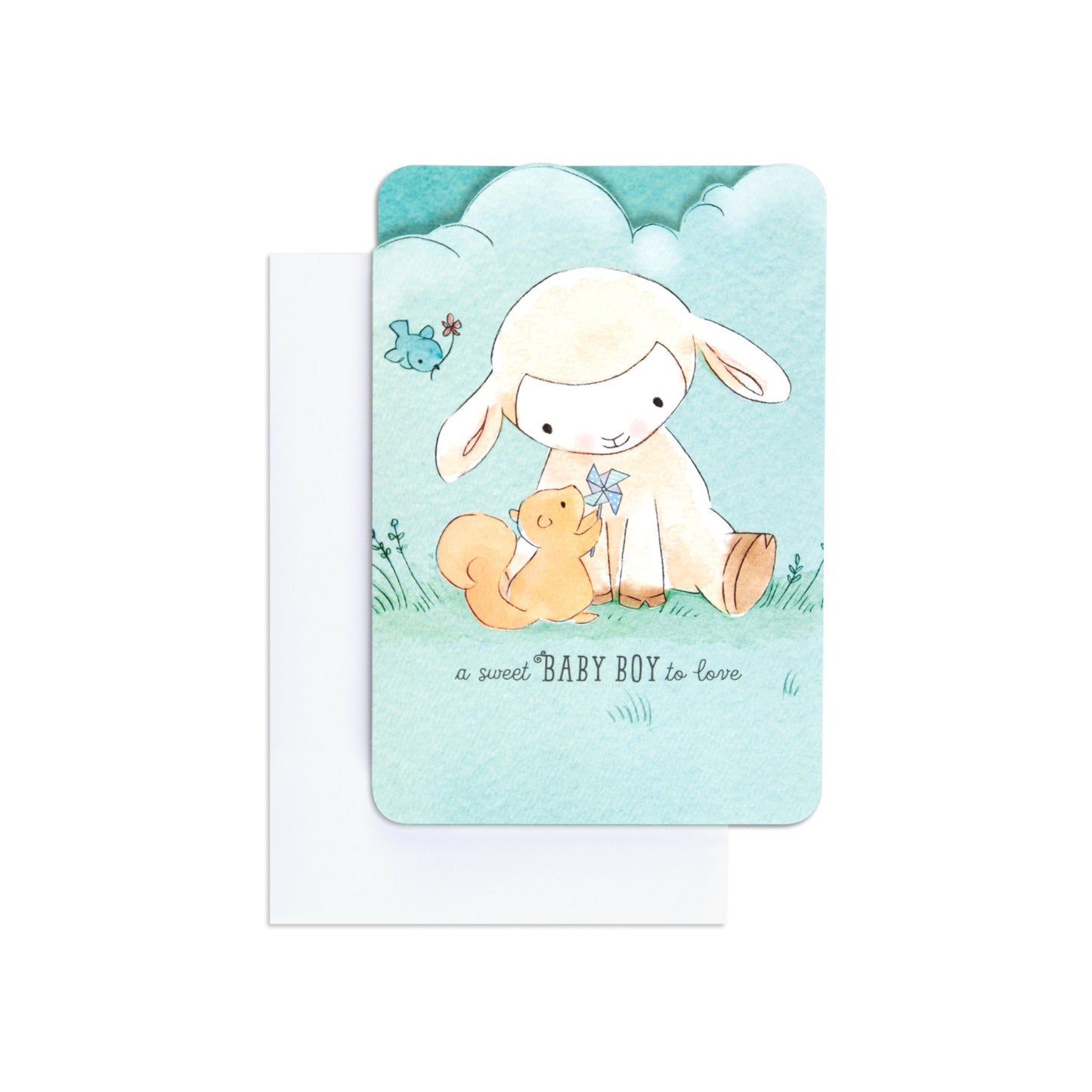 Sweet & Special Welcome Baby Boy Congratulations Card featuring a cute lamb and squirrel illustration on textured blue card, front view.