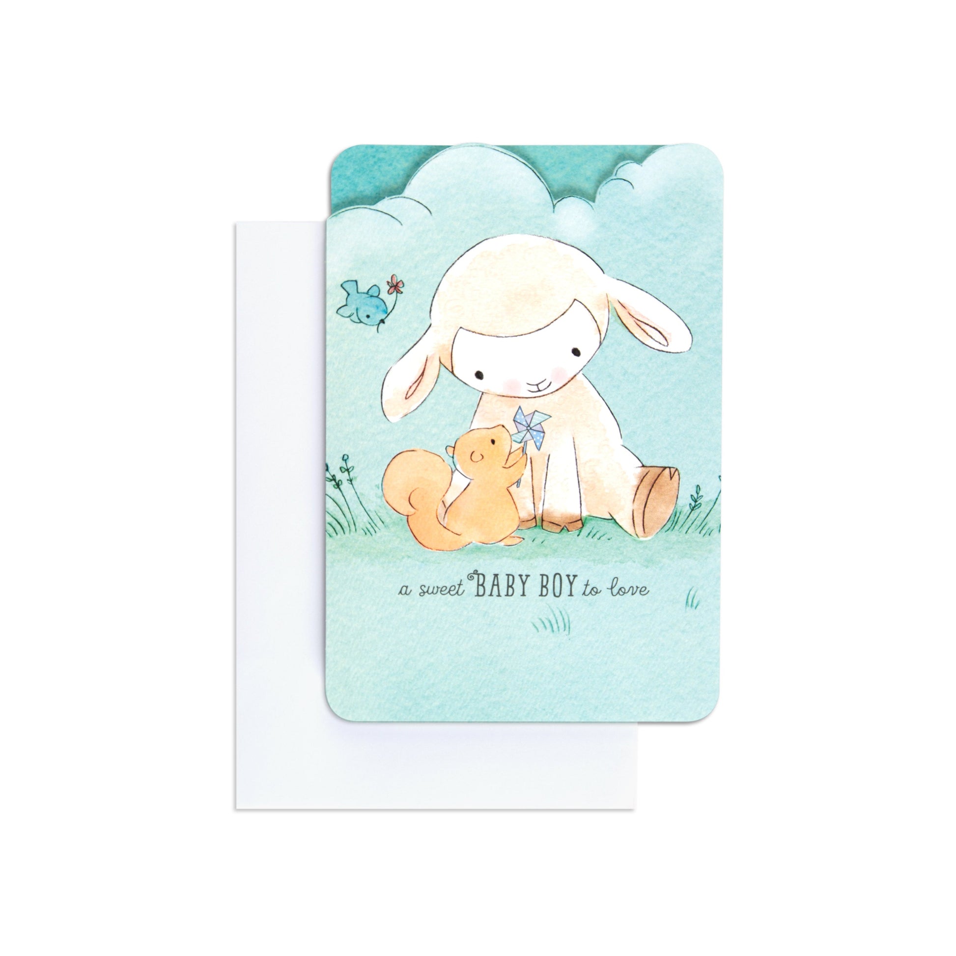 Sweet & Special Welcome Baby Boy Congratulations Card featuring a cute lamb and squirrel illustration on textured blue card, front view.