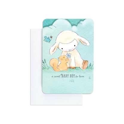 Sweet & Special Welcome Baby Boy Congratulations Card featuring a cute lamb and squirrel illustration on textured blue card, front view.